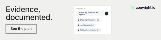 LinkedIn banner for copyright.io: "Evidence, documented." Editorial style, skeleton layout, light palette in white.