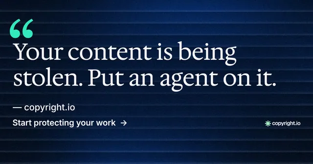 Social ad for copyright.io: "Your content is being stolen." Minimal luxury style, quote layout, dark palette in blue, black.