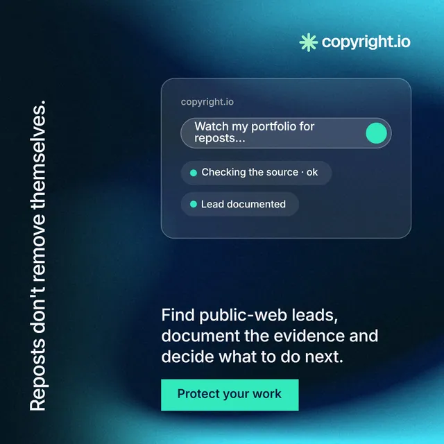 Instagram post for copyright.io: "Reposts don't remove themselves." Swiss style, vertical layout, dark palette in blue, black, teal.
