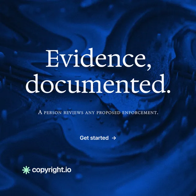 Instagram post for copyright.io: "Evidence, documented." Minimal luxury style, smallcaps layout, dark palette in blue, black.
