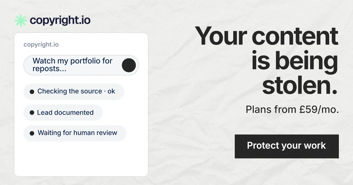 Social ad for copyright.io: "Your content is being stolen." Swiss style, right layout, light palette in white, grey.