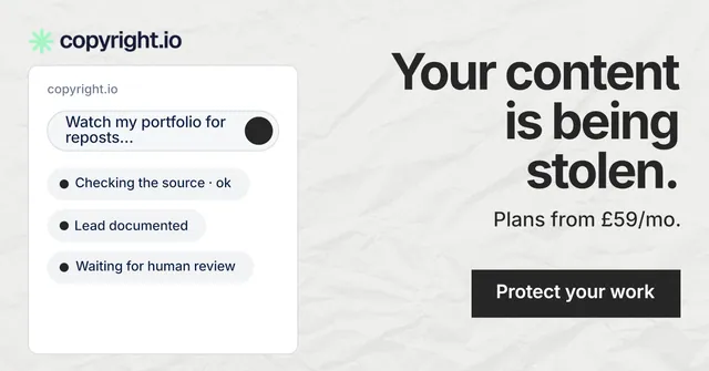 Social ad for copyright.io: "Your content is being stolen." Swiss style, right layout, light palette in white, grey.