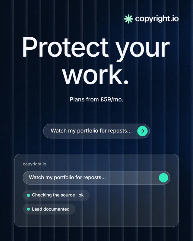 Instagram portrait post for copyright.io: "Protect your work." Agentic glass style, centred layout, dark palette in blue, black.