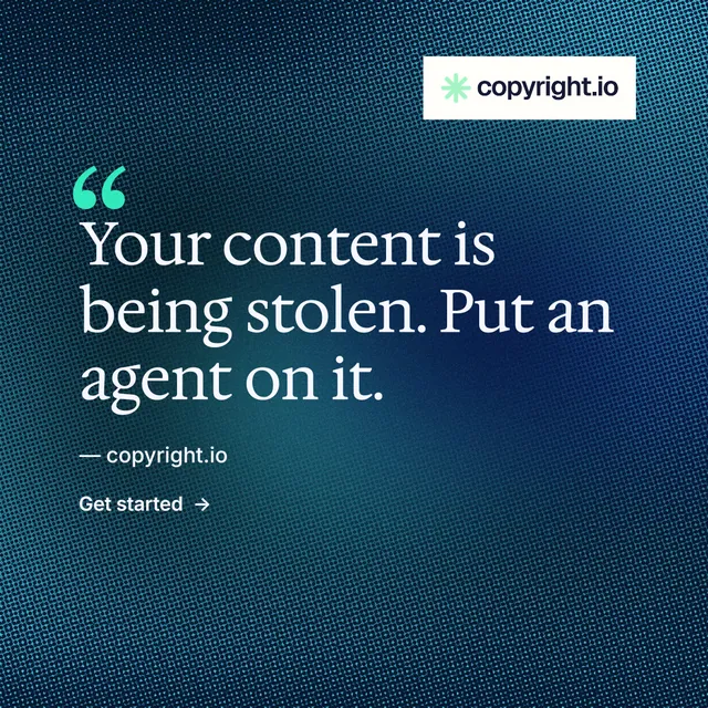 Instagram post for copyright.io: "Reposts don't remove themselves." Minimal luxury style, quote layout, dark palette in blue.