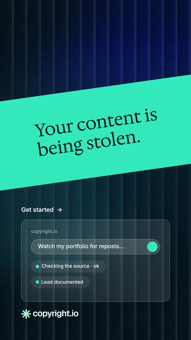 Instagram story for copyright.io: "Your content is being stolen." Minimal luxury style, diagonal layout, dark palette in teal, black, blue.