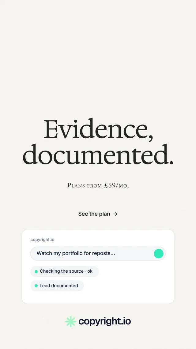 Instagram story for copyright.io: "Evidence, documented." Minimal luxury style, smallcaps layout, light palette in white, grey.