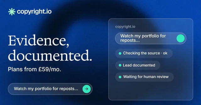 Social ad for copyright.io: "Evidence, documented." Agentic glass style, bottom layout, dark palette in blue.