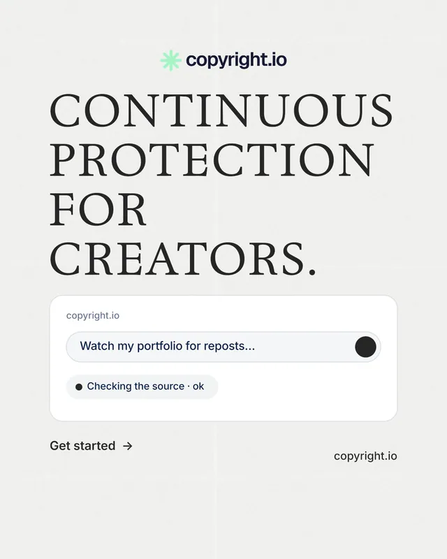 Instagram portrait post for copyright.io: "Continuous protection for creators." Minimal luxury style, poster layout, light palette in white.