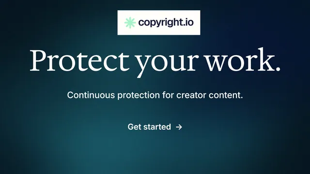 Landscape graphic for copyright.io: "Protect your work." Minimal luxury style, centred layout, dark palette in blue, black, teal.