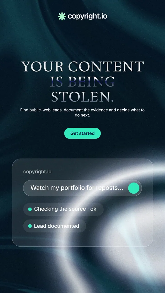 Instagram story for copyright.io: "Your content is being stolen." Y2K style, centred layout, dark palette in black, blue, teal.