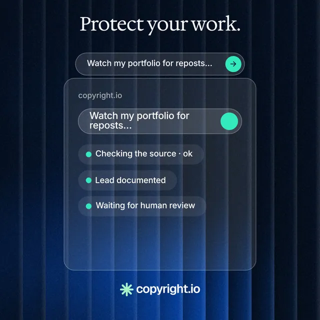 Instagram post for copyright.io: "Protect your work." Agentic glass style, skeleton layout, dark palette in black, blue.