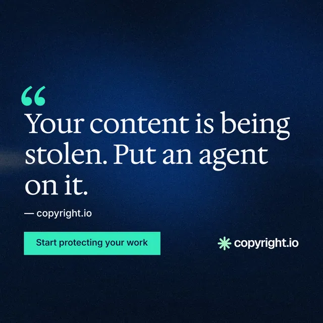 Instagram post for copyright.io: "Protect your work." Swiss style, quote layout, dark palette in blue, black.