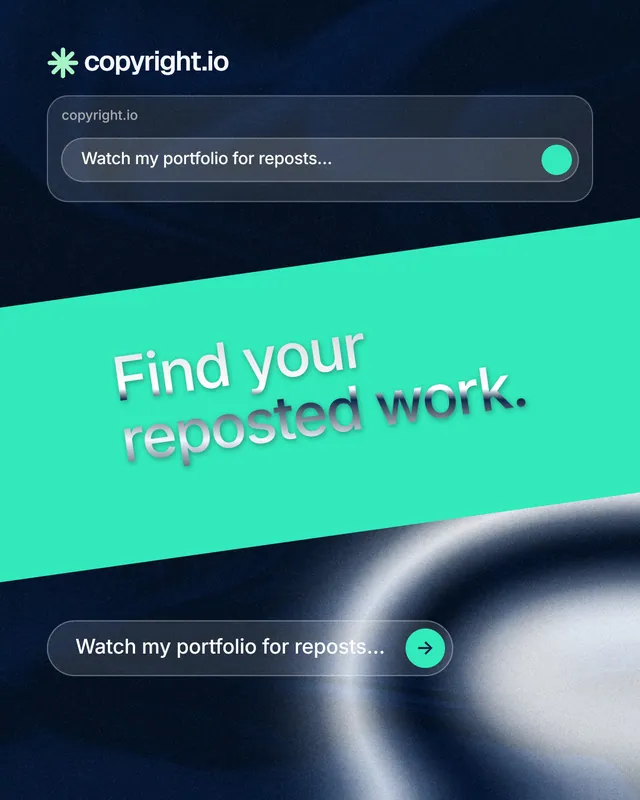 Instagram portrait post for copyright.io: "Find your reposted work." Agentic glass style, diagonal layout, dark palette in teal, black, blue.