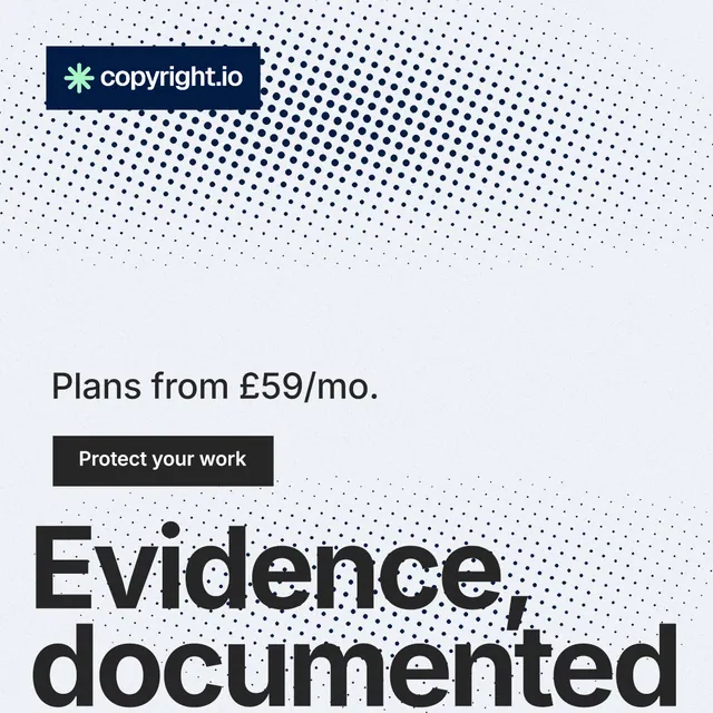 Instagram post for copyright.io: "Your content is being stolen." Swiss style, oversized layout, light palette in white, blue, grey.