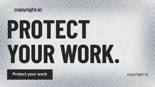 Landscape graphic for copyright.io: "Protect your work." Retro print style, poster layout, light palette in grey, white.