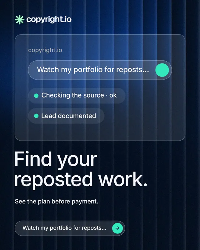 Instagram portrait post for copyright.io: "Find your reposted work." Agentic glass style, bottom layout, dark palette in blue, black.