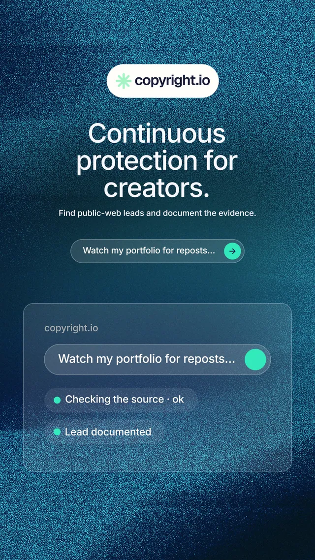 Instagram story for copyright.io: "Continuous protection for creators." Agentic glass style, centred layout, dark palette in blue.