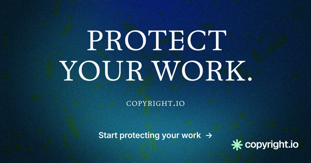 Social ad for copyright.io: "Protect your work." Agentic glass style, smallcaps layout, dark palette in blue.