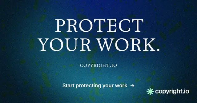 Social ad for copyright.io: "Protect your work." Agentic glass style, smallcaps layout, dark palette in blue.