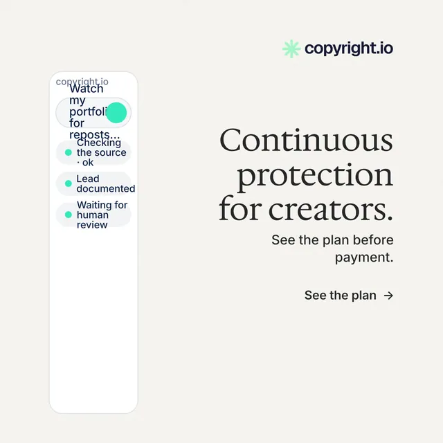 Instagram post for copyright.io: "Continuous protection for creators." Minimal luxury style, right layout, light palette in white.