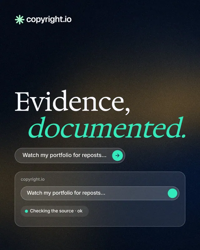 Instagram portrait post for copyright.io: "Evidence, documented." Agentic glass style, stacked layout, dark palette in black, grey.