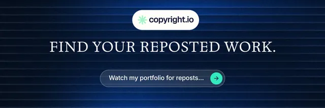 X header for copyright.io: "Find your reposted work." Agentic glass style, centred layout, dark palette in black, blue, grey.