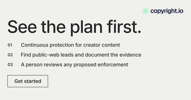 Social ad for copyright.io: "See the plan first." Editorial style, numbered layout, light palette in white.