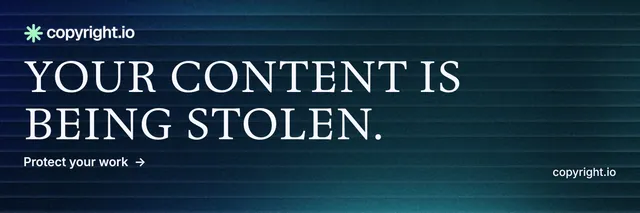X header for copyright.io: "Your content is being stolen." Minimal luxury style, poster layout, dark palette in blue, black, grey.