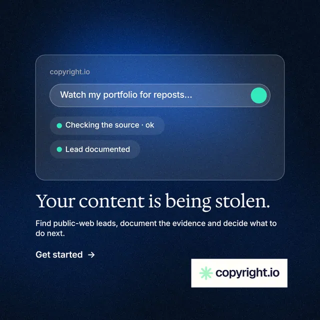 Instagram post for copyright.io: "Your content is being stolen." Minimal luxury style, bottom layout, dark palette in blue, black.