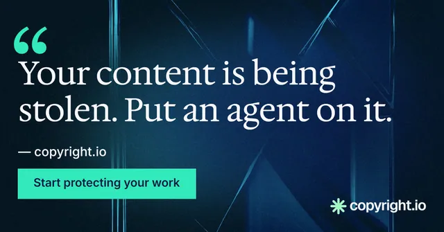 Social ad for copyright.io: "Evidence, documented." Swiss style, quote layout, dark palette in blue, black, teal.