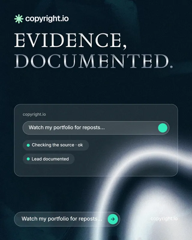 Instagram portrait post for copyright.io: "Evidence, documented." Agentic glass style, poster layout, dark palette in blue, black, grey.