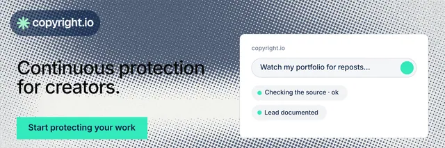 X header for copyright.io: "Continuous protection for creators." Swiss style, bottom layout, light palette in grey, white, teal.