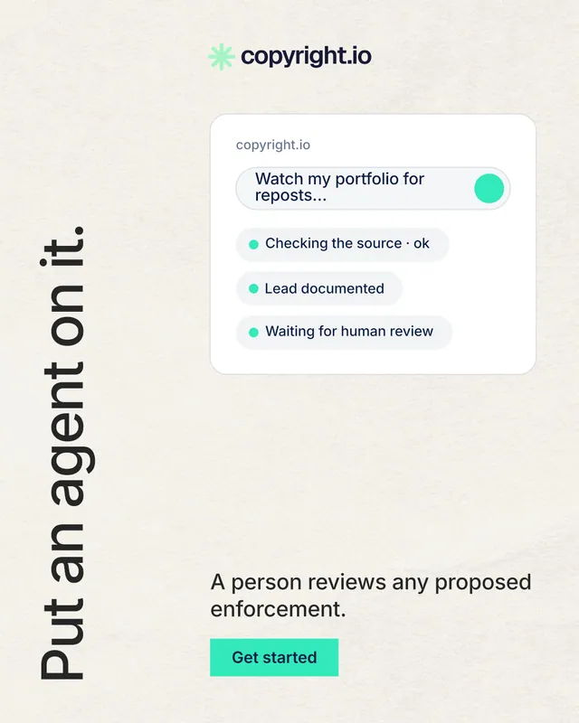 Instagram portrait post for copyright.io: "Put an agent on it." Swiss style, vertical layout, light palette in white.