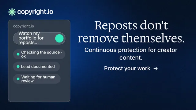 Landscape graphic for copyright.io: "Reposts don't remove themselves." Minimal luxury style, skeleton layout, dark palette in blue, black, grey.