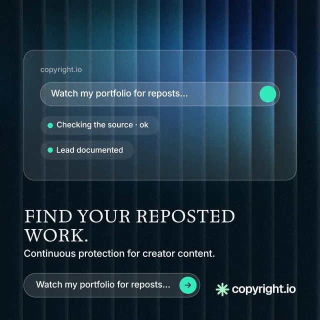 Instagram post for copyright.io: "Find your reposted work." Agentic glass style, bottom layout, dark palette in blue, black.