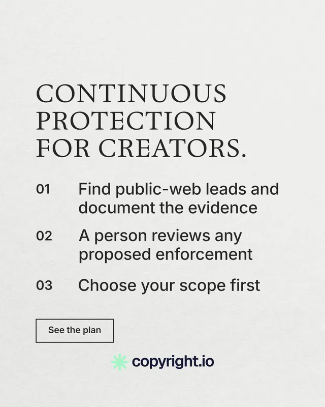 Instagram portrait post for copyright.io: "Continuous protection for creators." Editorial style, numbered layout, light palette in white, grey.