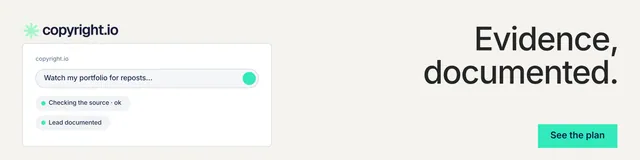 LinkedIn banner for copyright.io: "Evidence, documented." Swiss style, right layout, light palette in white, grey.