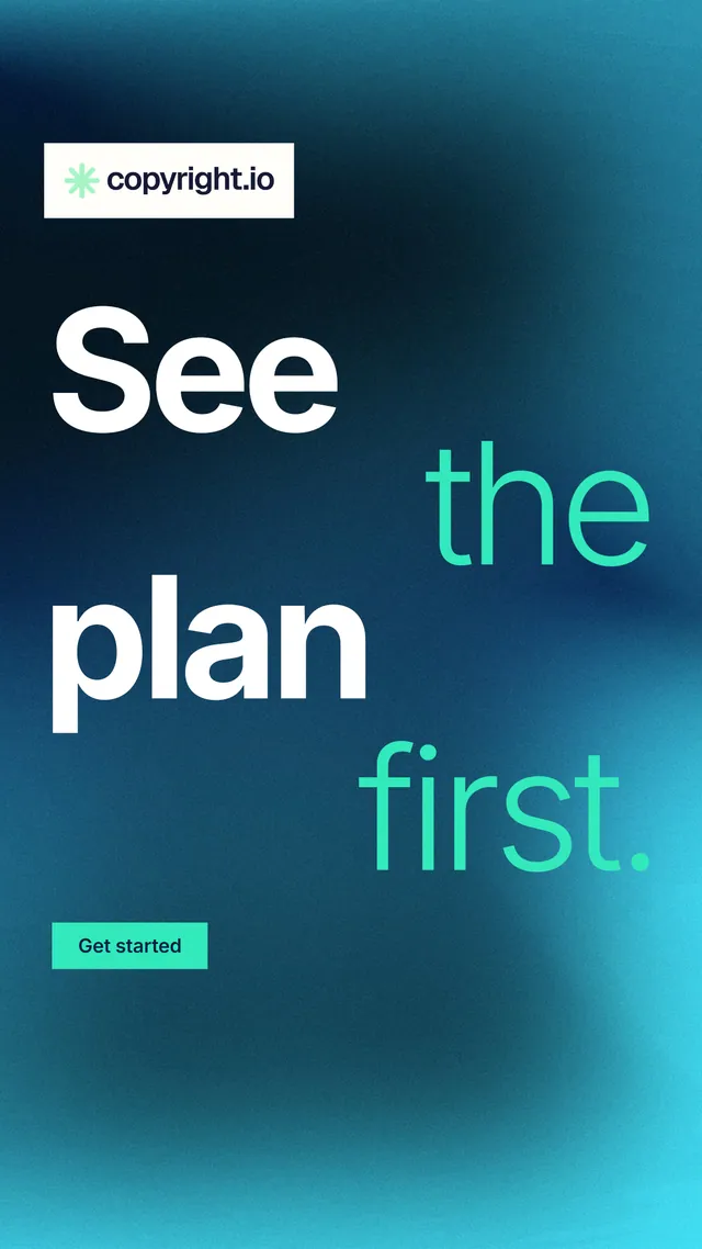 Instagram story for copyright.io: "See the plan first." Swiss style, stacked layout, dark palette in blue, teal.