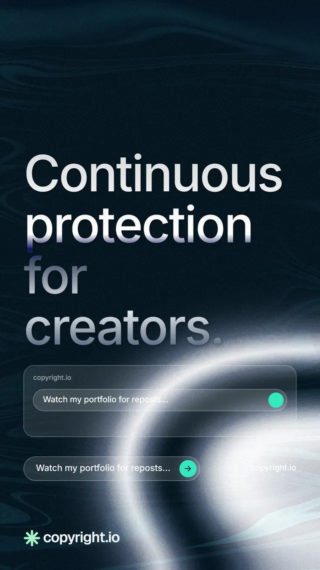 Instagram story for copyright.io: "Continuous protection for creators." Agentic glass style, poster layout, dark palette in black, grey, blue.