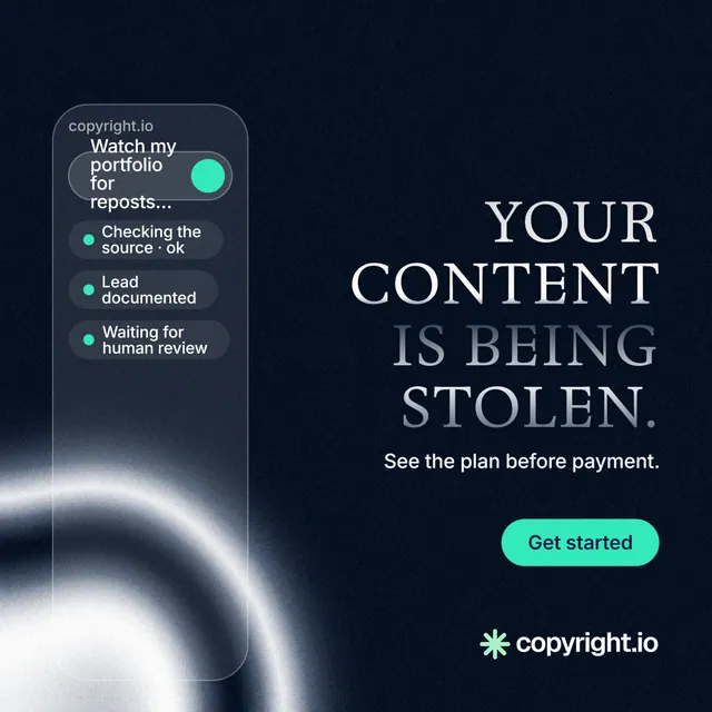 Instagram post for copyright.io: "Your content is being stolen." Y2K style, right layout, dark palette in black, blue, grey.
