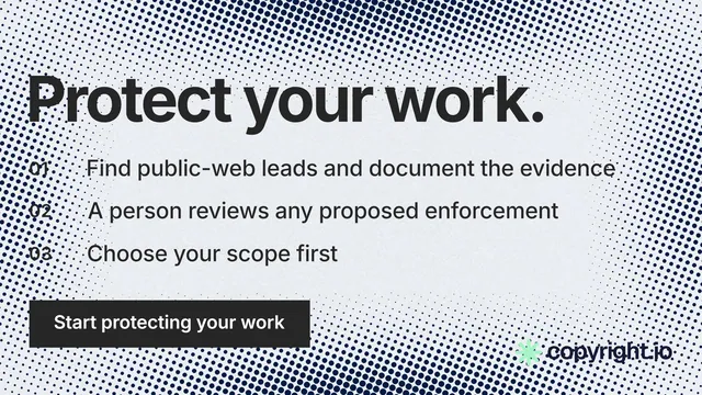 Landscape graphic for copyright.io: "Protect your work." Swiss style, numbered layout, light palette in grey, blue, white.