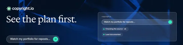 LinkedIn banner for copyright.io: "See the plan first." Agentic glass style, bottom layout, dark palette in blue, black.