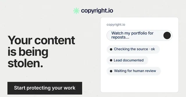 Social ad for copyright.io: "Your content is being stolen." Swiss style, bottom layout, light palette in white, grey.