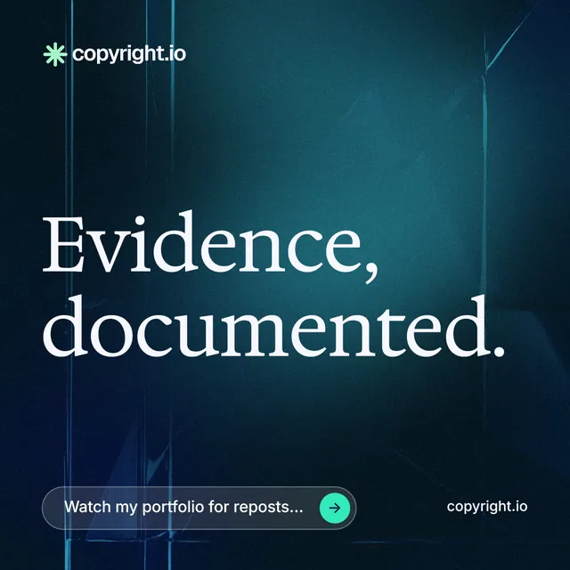 Instagram post for copyright.io: "Evidence, documented." Agentic glass style, poster layout, dark palette in blue, black, teal.