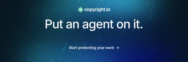 X header for copyright.io: "Put an agent on it." Minimal luxury style, centred layout, dark palette in black, blue.