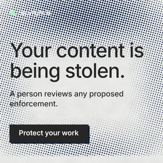 Instagram post for copyright.io: "Your content is being stolen." Brutalist style, skeleton layout, light palette in grey, white.