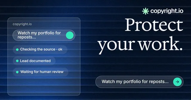 Social ad for copyright.io: "Protect your work." Agentic glass style, right layout, dark palette in blue, black.