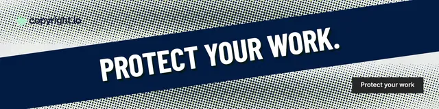 LinkedIn banner for copyright.io: "Protect your work." Retro print style, diagonal layout, dark palette in blue, grey.