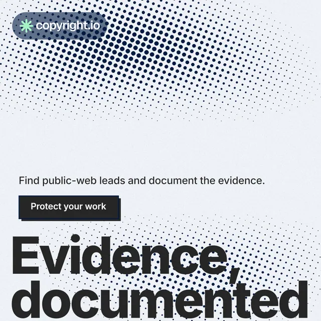 Instagram post for copyright.io: "Continuous protection for creators." Brutalist style, oversized layout, light palette in white, grey.
