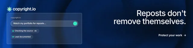 LinkedIn banner for copyright.io: "Reposts don't remove themselves." Minimal luxury style, right layout, dark palette in blue, black.
